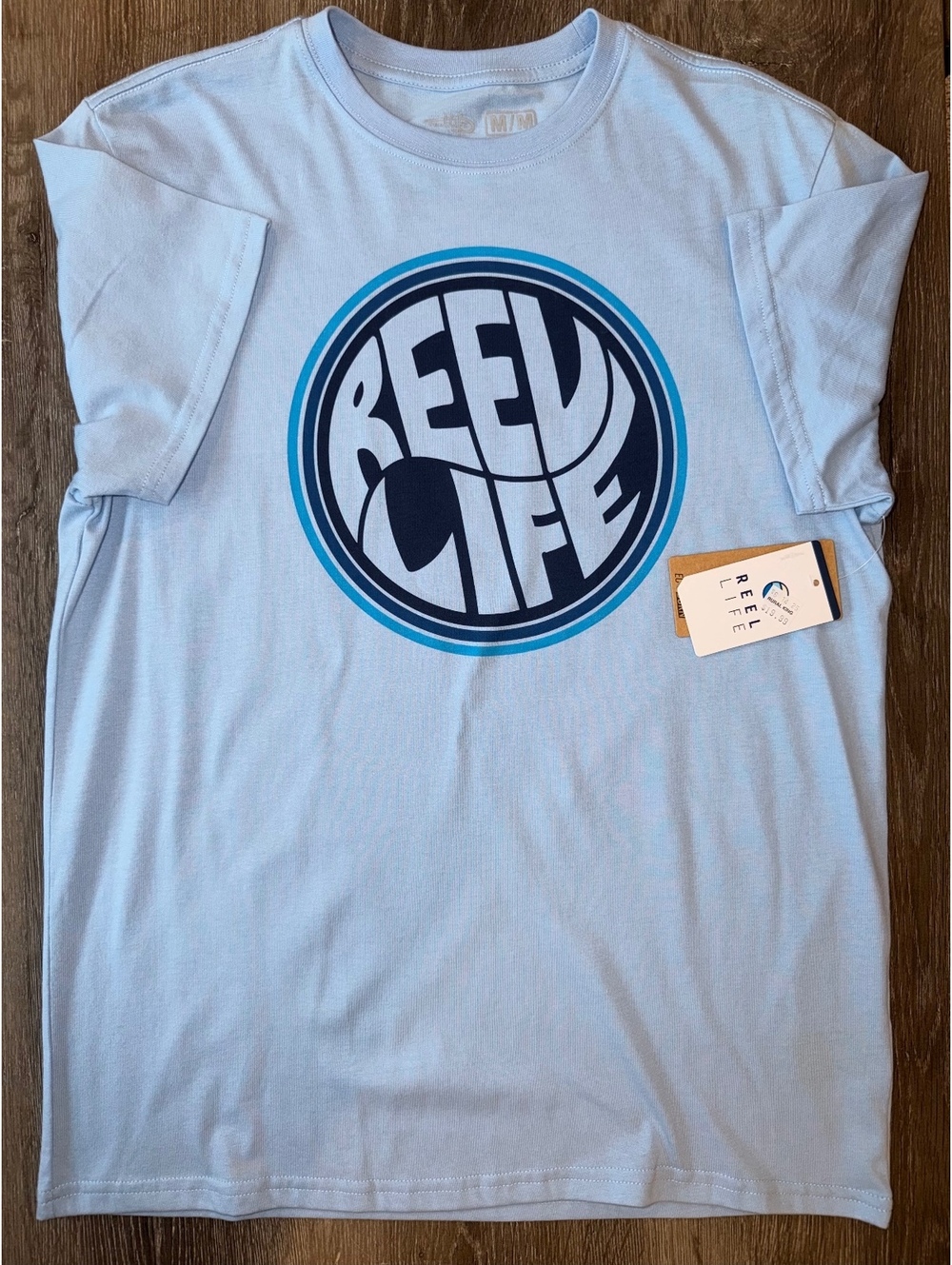 Reel Life Men’s M Essential Graphic Tee Powder Blue NWT EcoBorn Outdoor Fishing
